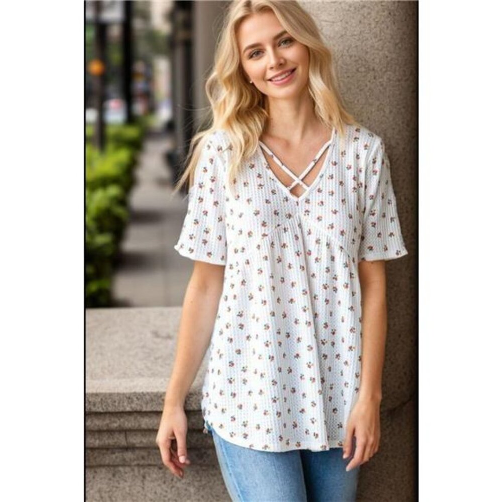 Heimish Full‎ Size Crisscross Ditsy Floral Babydoll Top Plus Size